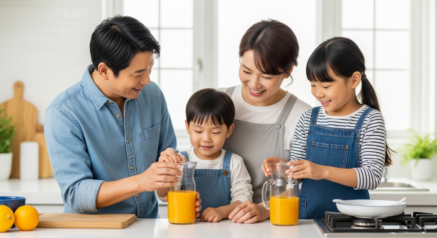 주방에서 아이와 함께 주스를 만드는 부모