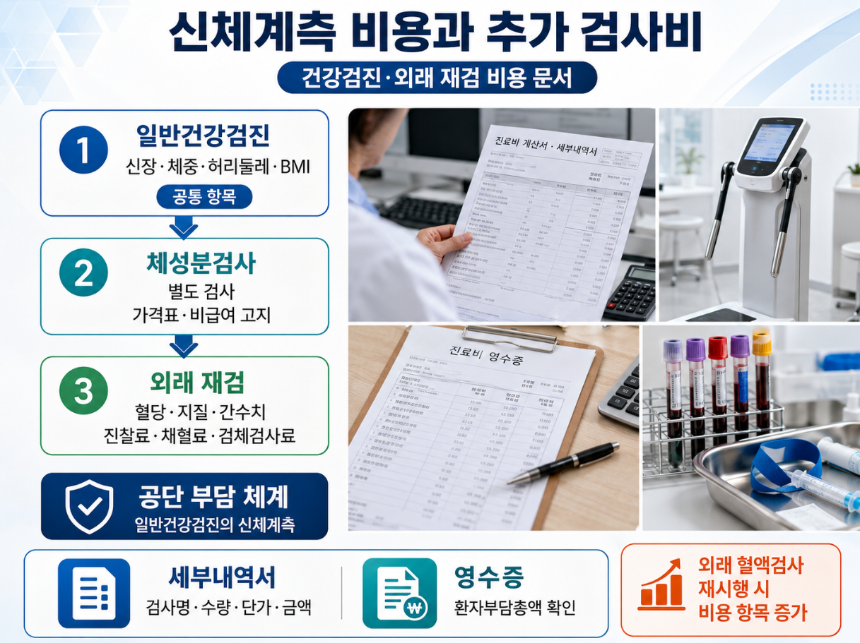 신체계측 비용과 추가 검사비를 설명하는 건강검진 인포그래픽으로, 일반건강검진 공통 항목, 체성분검사, 외래 재검, 영수증과 세부내역서 확인 항목을 보여주는 이미지
