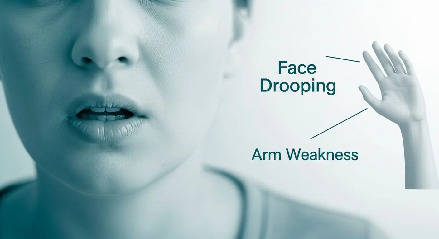 뇌졸중 전조증상인 한쪽 입꼬리 처짐과 팔의 힘 빠짐을 보여주는 사람의 얼굴과 팔