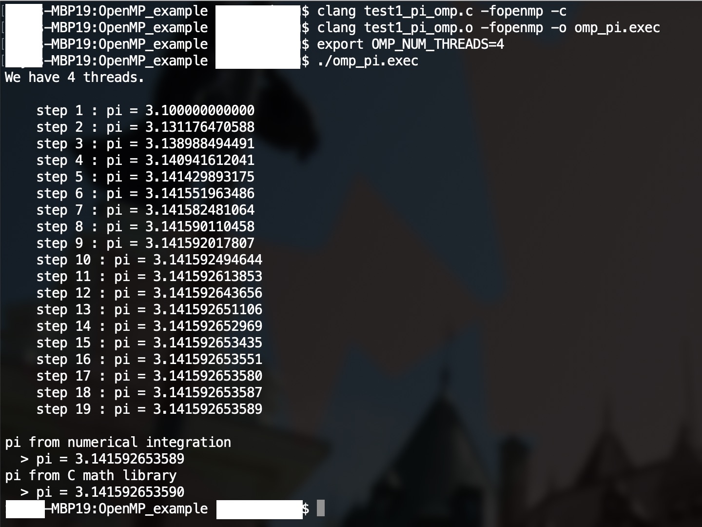 compilation and execution of program to compute the mathematical constant pi with OpenMP