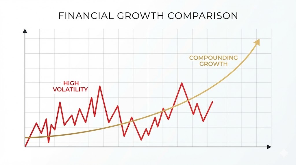 테마주 그래프와 완만한 복리 그래프의 대조 이미지