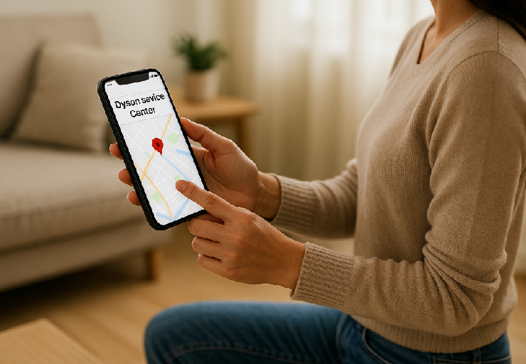 스마트폰으로 서비스센터를 찾는 여성