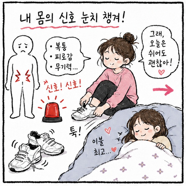 생리 중 운동, 무조건 쉬고만 있진 않나요?, 내몸의 신호를 확인하세요
