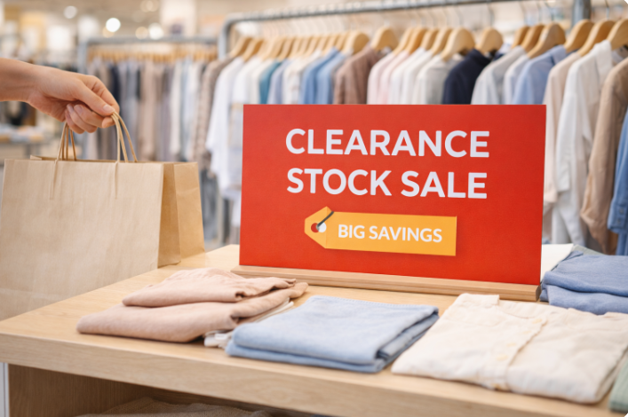 의류 매장에서 재고정리 세일을 알리는 빨간 간판과 접힌 옷들, 옆에는 쇼핑백을 들고 있는 손이 보인다