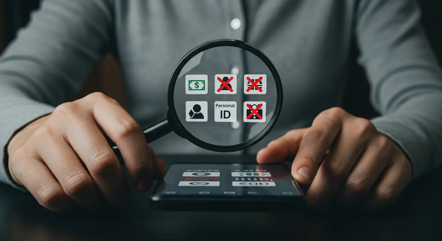 소액결제 현금화 사기의 대표적인 수법인 선입금, 개인정보 요구 등을 돋보기로 확인하는 모습