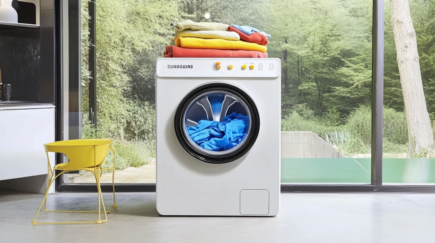 21kg 용량을 강조하며 대형 세탁물을 여유롭게 처리하는 삼성 WF21T6500KW 세탁기의 이미지. 넉넉한 수용 능력과 강력한 성능을 표현합니다.