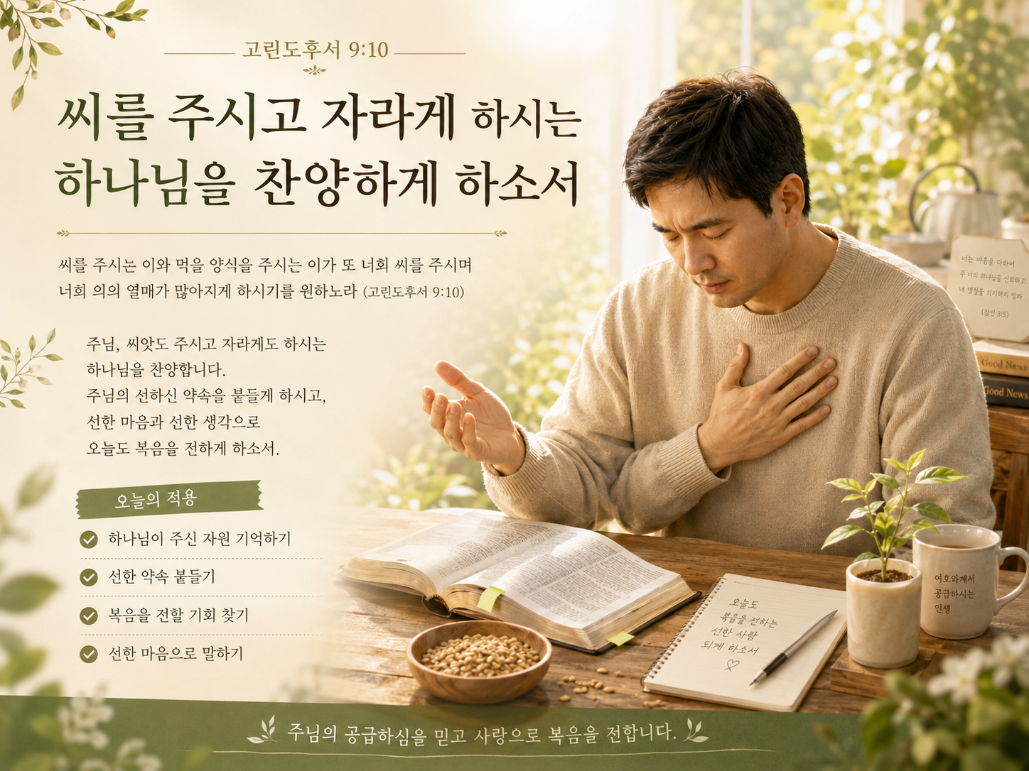 고후 9:10 말씀에서 하나님께서는 씨앗도 주시고 자라게도 하십니다. 나는 그러한 자원을 주신 하나님을 찬양하며 주님의 선하신 약속을 붙들며 선한 생각으로 복음을 전하는 시도를 하는 모습입니다.