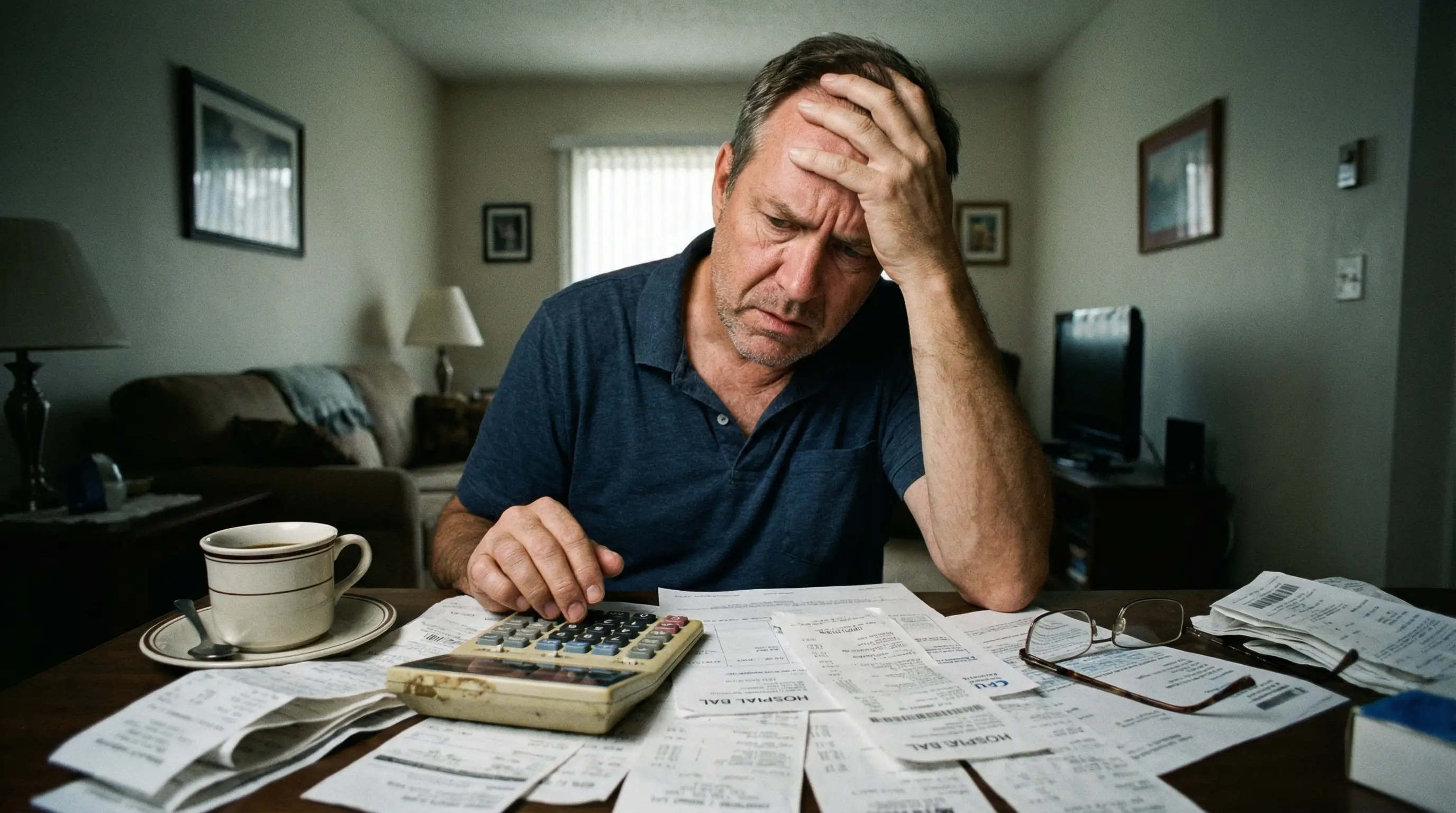 병원비 영수증을 보고 고민하는 중년 남성의 모습과 계산기, 걱정스러운 표정