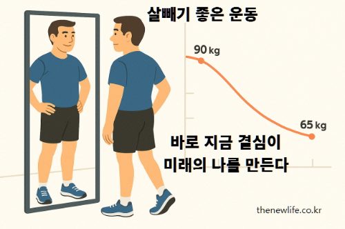 A man looking at his slimmer future self in the mirror, with a weight graph from 90kg to 65kg in the background./체중 그래프(90kg→65kg)와 거울 속 날씬해진 미래의 자신을 바라보는 남성