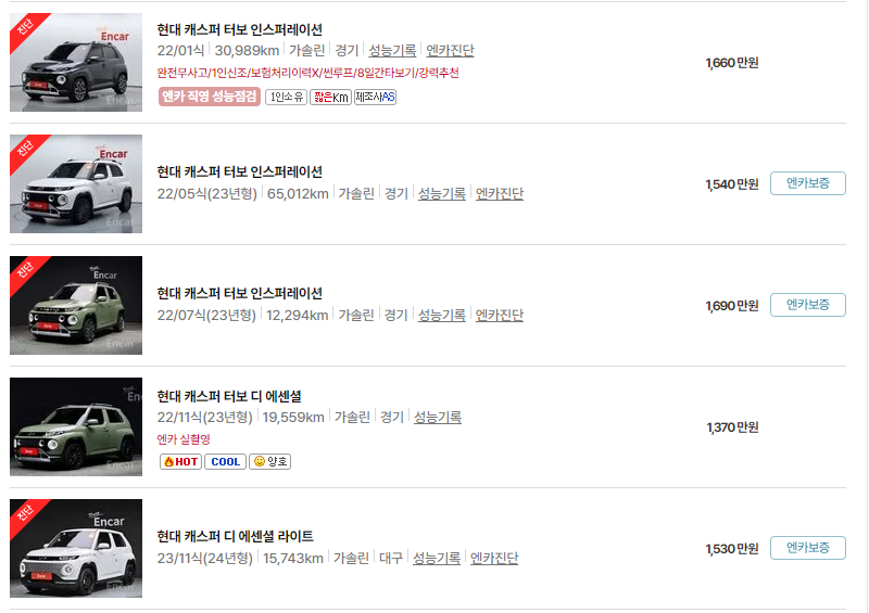 현대 캐스퍼 중고차 가격 시세표 24년10월