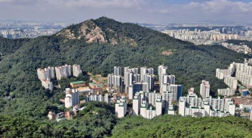 산과 아파트가 어우러져 있는 모습