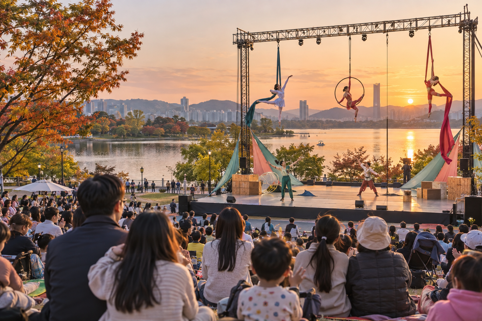일산호수공원과 닮은 호숫가 야외무대에서 가족 관람객이 공중 공연을 보는 모습