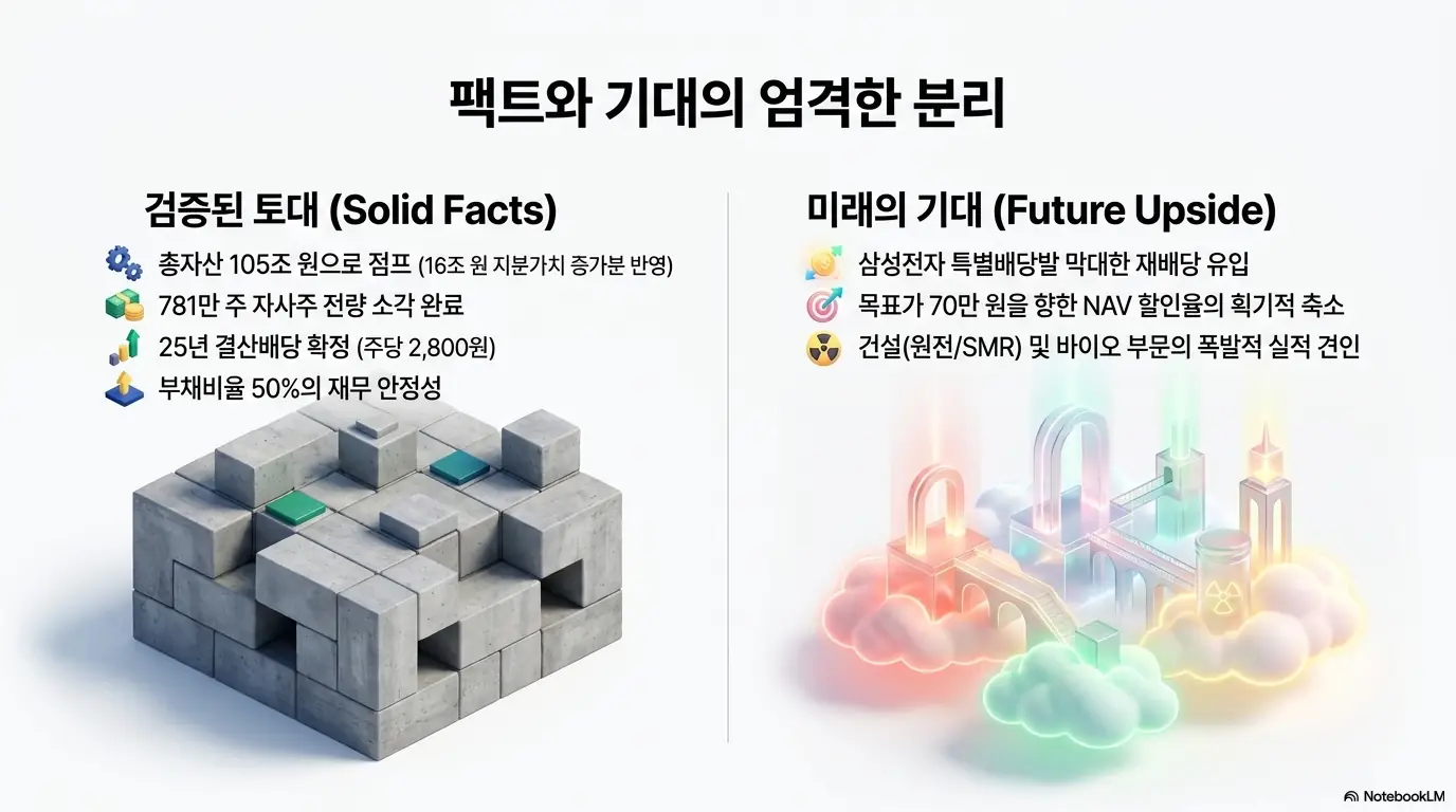 삼성물산 주가 전망: 삼성물산 투자 판단을 검증된 팩트와 미래 기대로 나눠 보여주는 인포그래픽. 검증된 토대로 자산 105조 원, 자사주 781만 주 소각, 25년 배당 2,800원, 부채비율 50%를 제시하고, 미래 기대로 삼성전자 특별배당발 재배당, 목표가 70만 원을 향한 NAV 할인 축소, 건설과 바이오 실적 견인을 구분하며, 블로그의 삼성물산 주가 전망 주제를 시각적으로 설명함