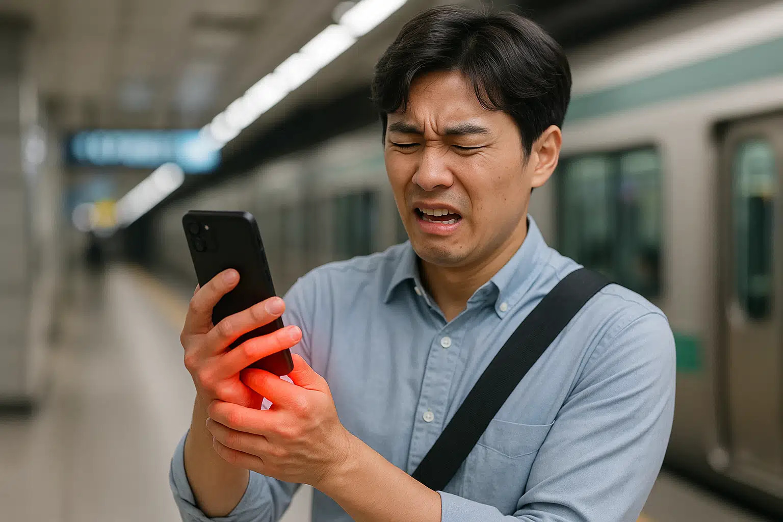 오른쪽 손목을 붙잡고 불편한 표정을 짓는 직장인