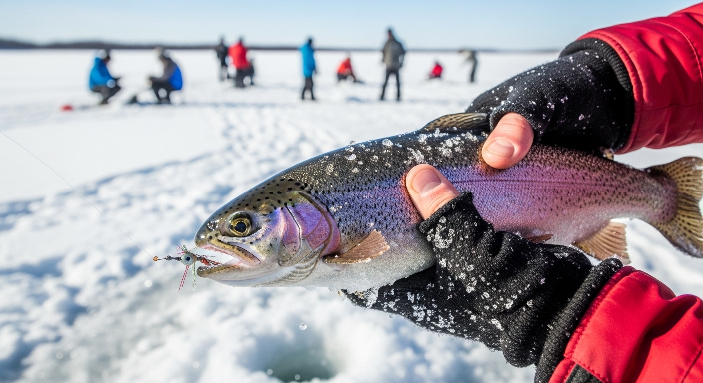 얼음낚시로 갓 잡은 싱싱한 송어를 들고 기뻐하는 모습