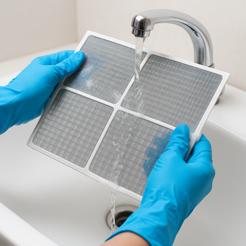 극세사 에어컨 필터를 청소하는 사진