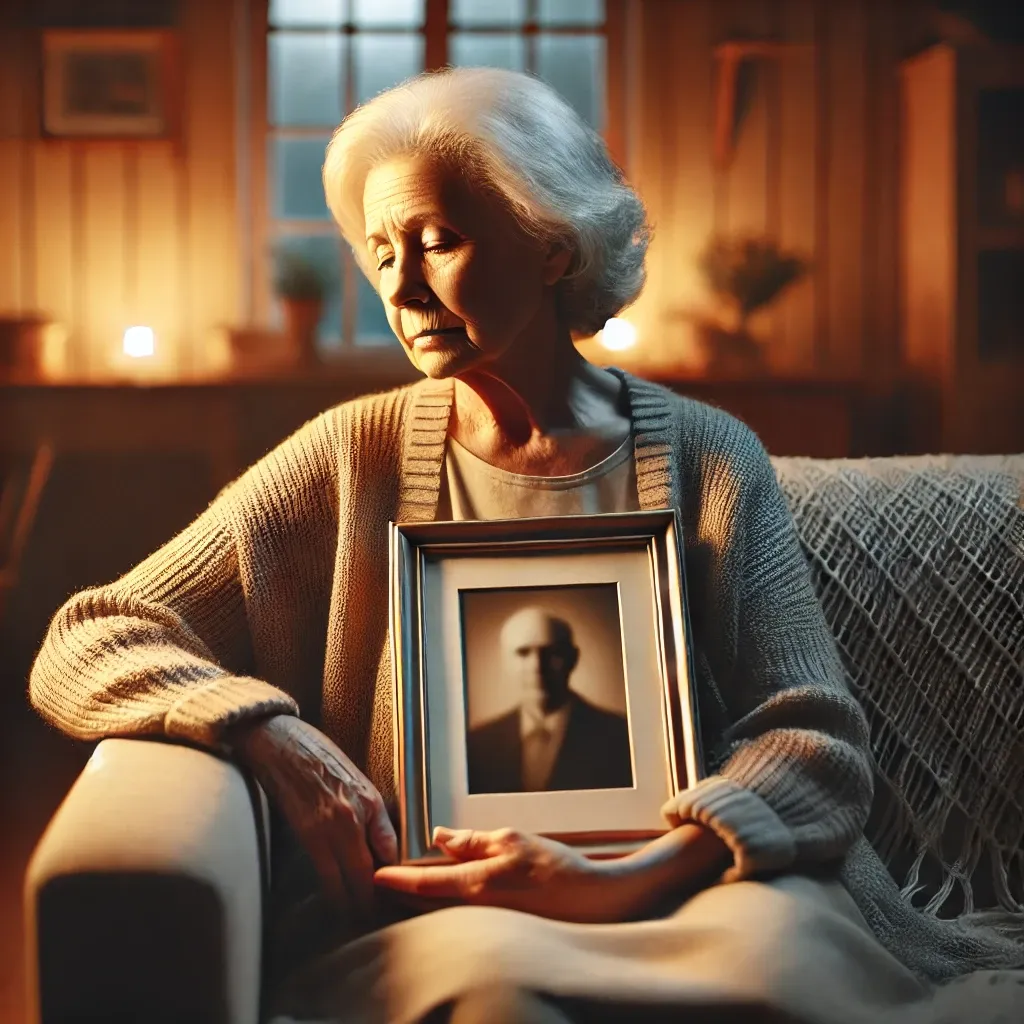 치매와 기억 상실을 상징하는 액자 사진을 들고 있는 어르신, 따뜻하고 평화로운 집 안에서 조용히 앉아 있는 모습