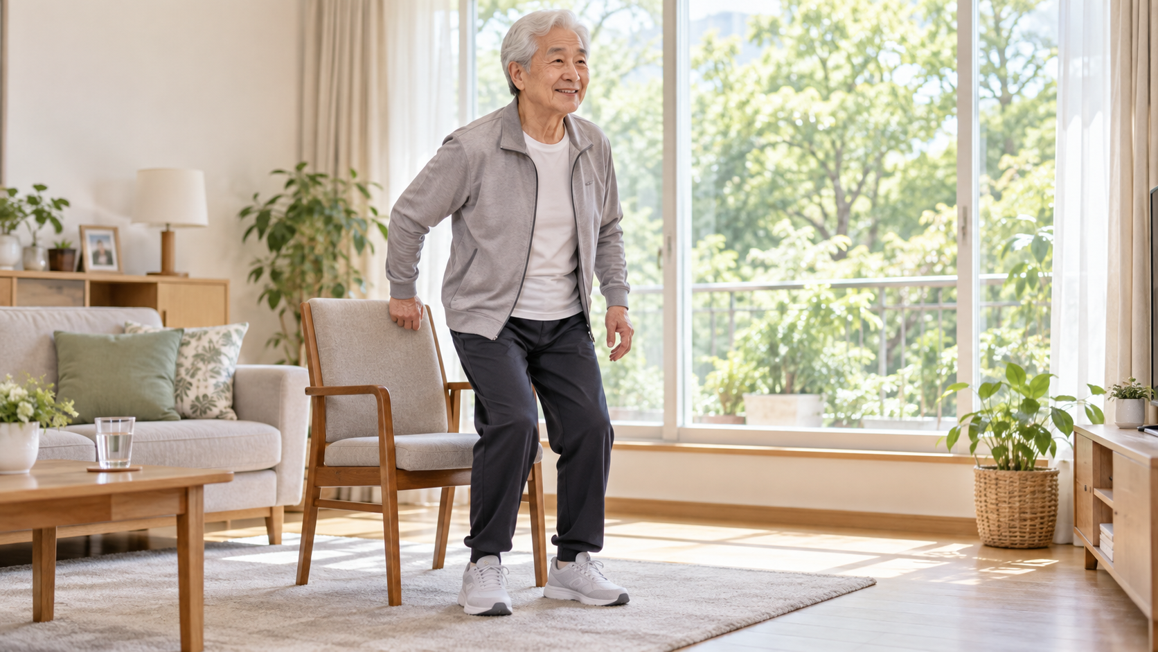 오랫동안 앉아 있지 않고 의자에서 일어나 가볍게 몸을 움직이는 70대 어르신