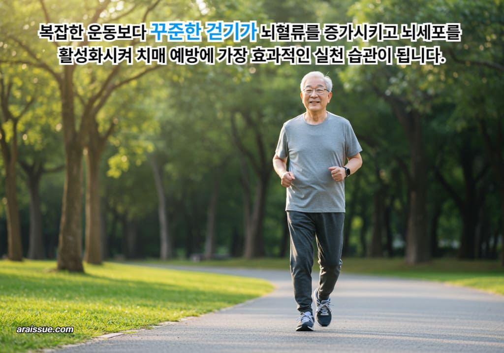 중장년 남성이 공원에서 규칙적인 빠른 걸음을 실천하는 장면으로, 뇌혈류를 높여 치매 예방에 효과적인 건강관리 루틴을 보여줍니다.