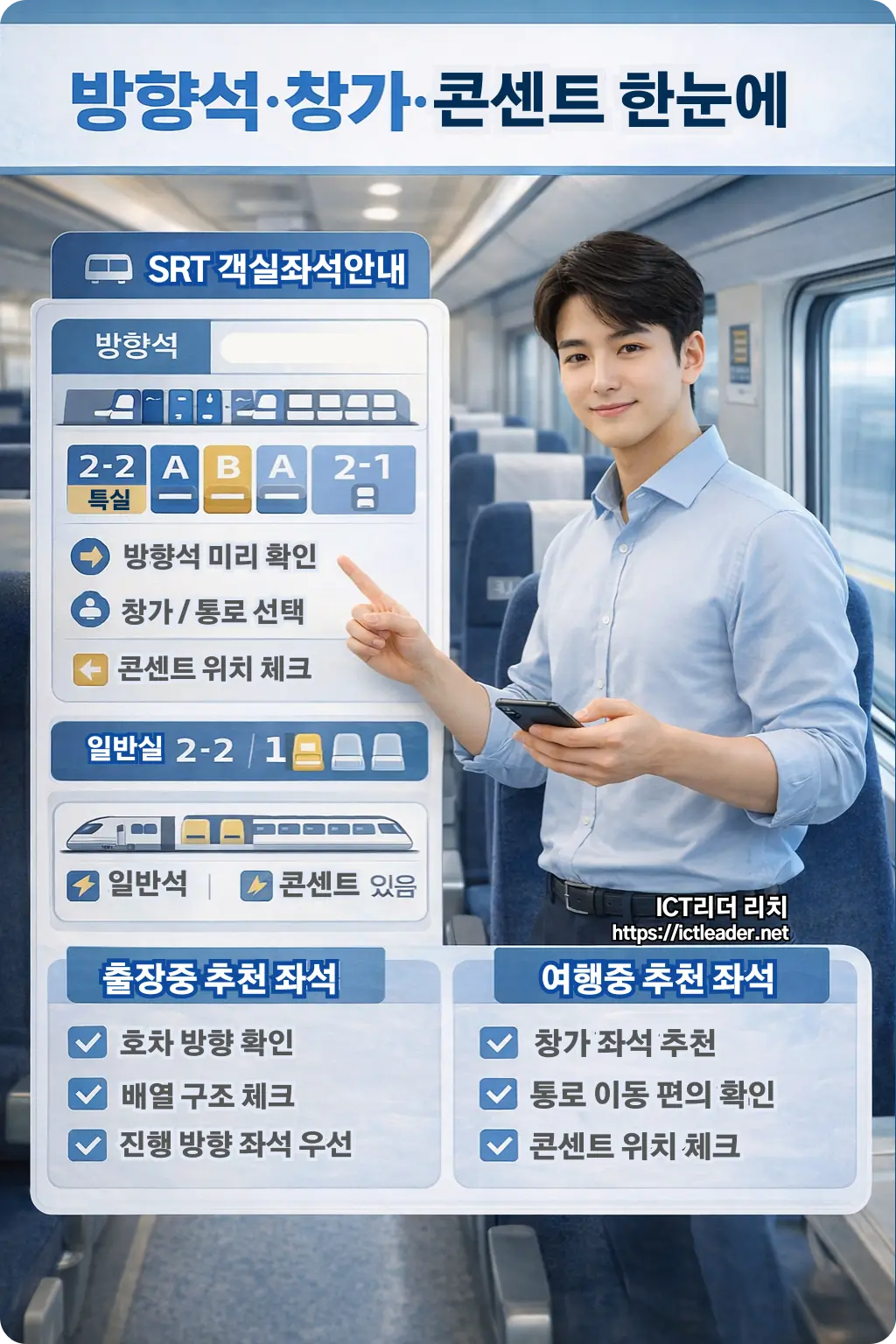 SRT 객실 통로에 선 20대 한국인 남성이 좌석 배열과 방향석, 창가, 통로, 콘센트 위치를 설명하는 세로형 인포그래픽 이미지