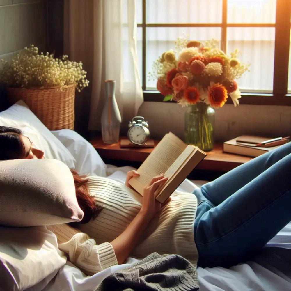 아늑한 침대에서 누워서 책을 보고 있는 사람의 모습