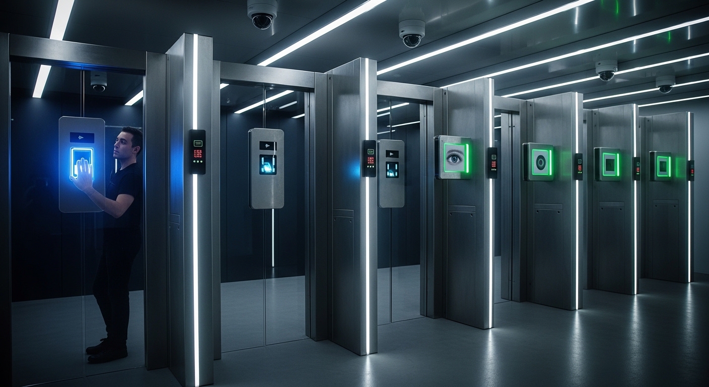 Image of security gates with multiple doors standing one after another, performing fingerprint or iris recognition at each door.