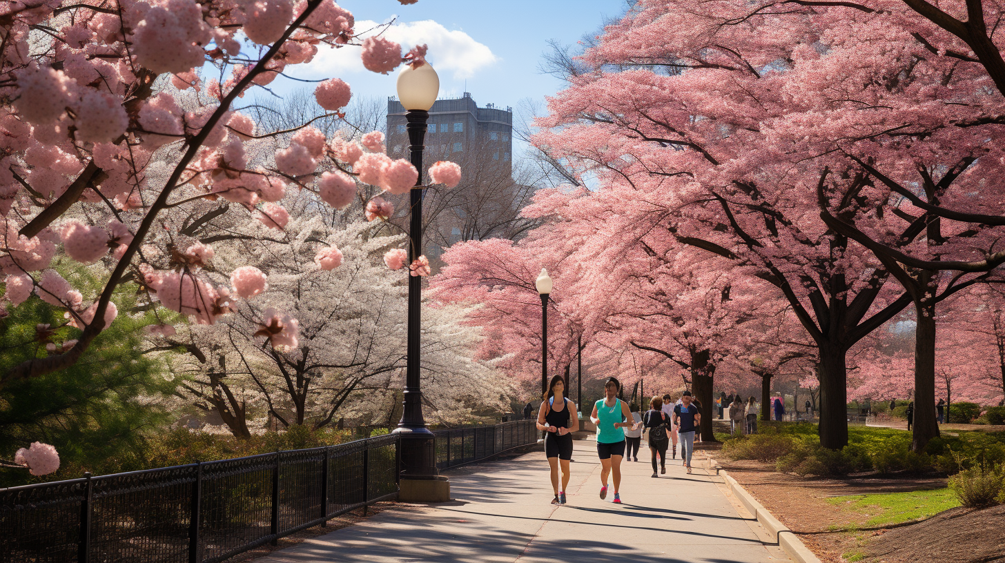 봄날씨를 맞이하여 많은 시민들이 공원에서 건강관리를 위해 조깅하는 이미지