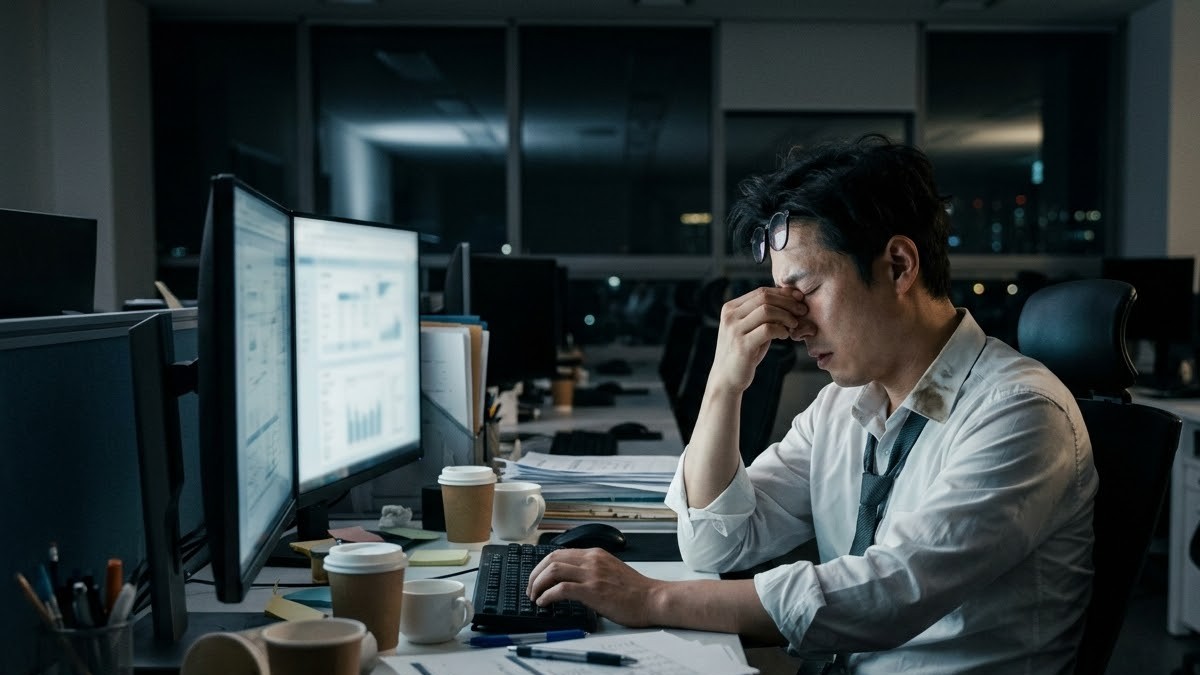 늦은 밤 사무실 모니터 앞에서 눈을 비비는 지친 30대 남성 직장인