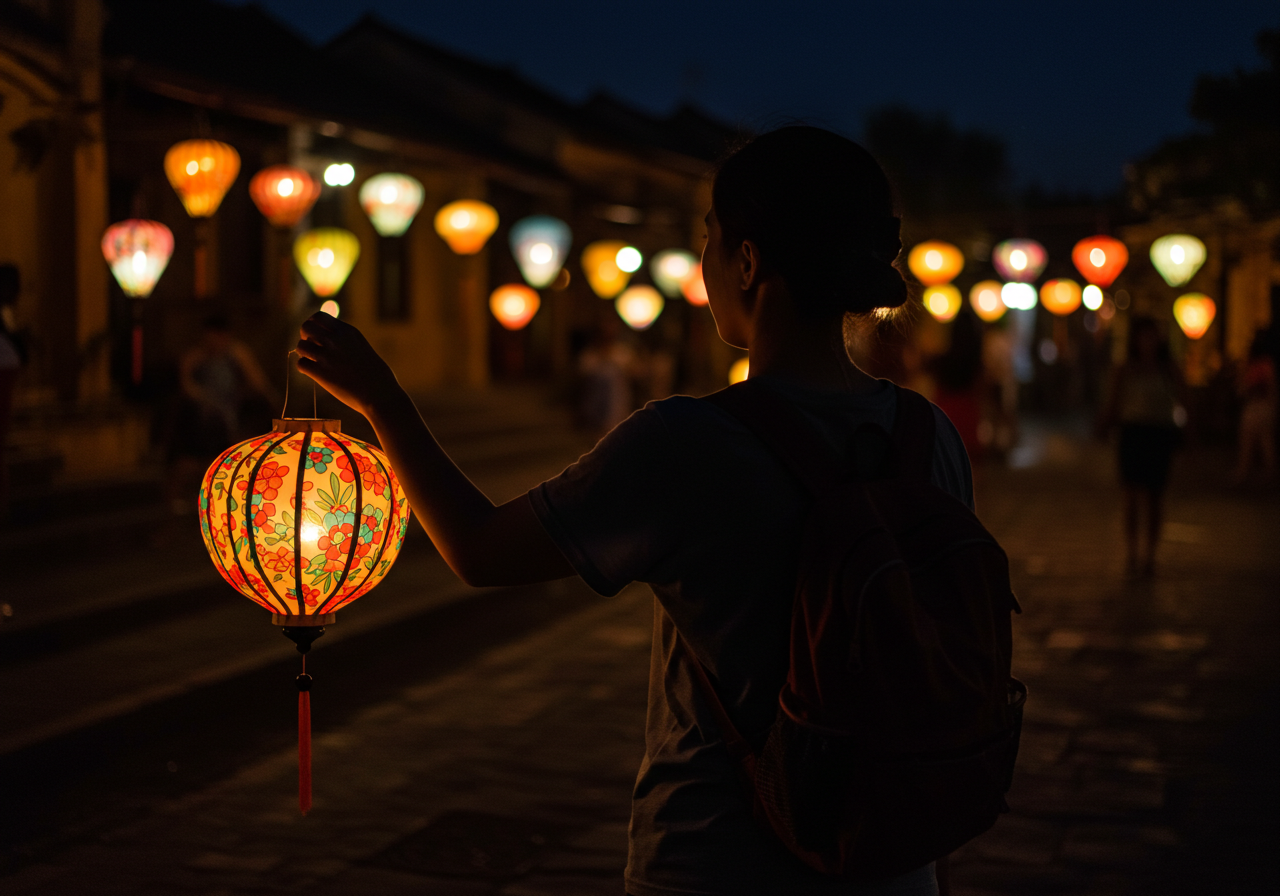 랜턴을 들고 서 있는 여행자
