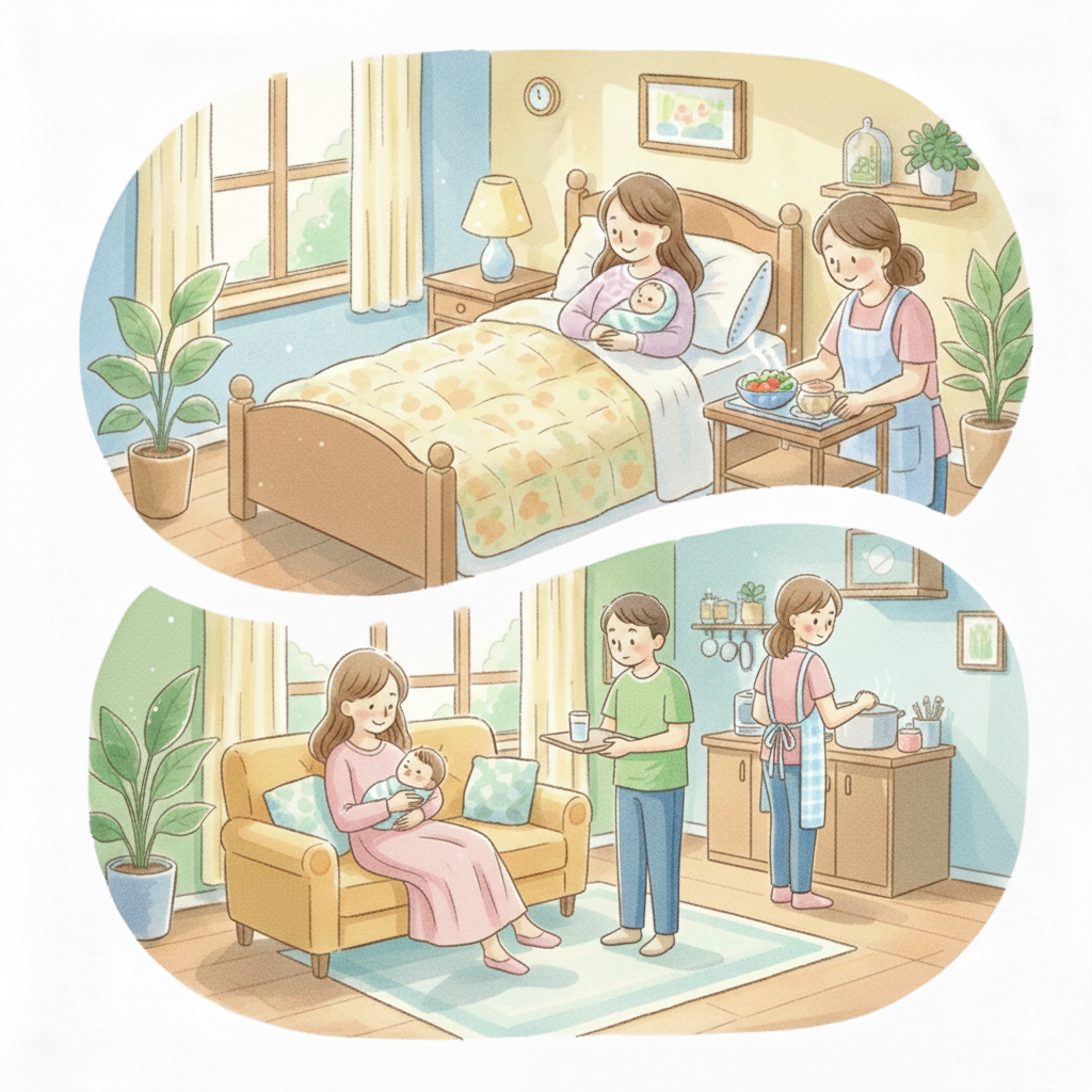 "산후조리원과 가정 내 산후조리 모습을 담은 수채화풍 삽화. 위쪽에는 조리원에서 케어를 받는 모습, 아래쪽에는 거실 소파에서 편안한 실내복을 입고 아기를 안은 산모와 물을 챙겨주는 남편, 주방에서 식사를 준비하는 산후도우미의 밝고 긍정적인 풍경."
