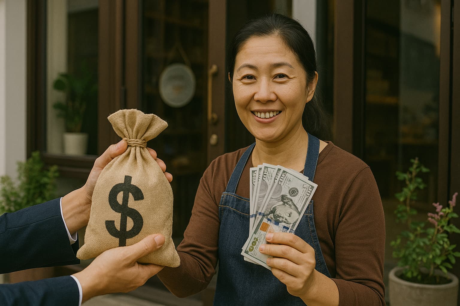 소상공인 여성이 상점 앞에서 정부 지원금을 받고 웃는 모습