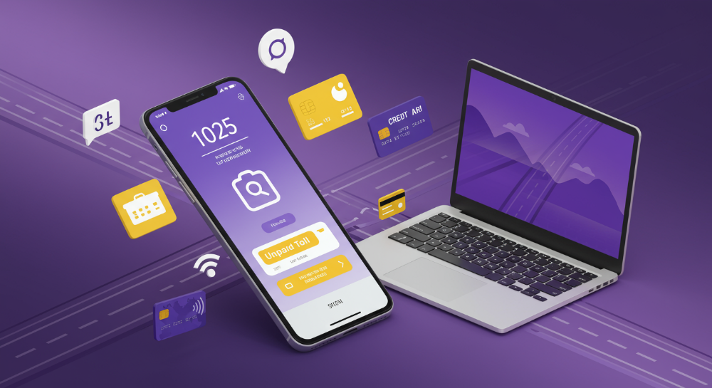 2025년 고속도로 미납요금 조회 및 납부 시스템을 보여주는 스마트폰과 노트북 화면 이미지. 하이패스, 민자고속도로 통합 조회, 모바일 앱 기능을 시각적으로 나타내며, 다양한 결제 수단이 함께 제시되어 있다.