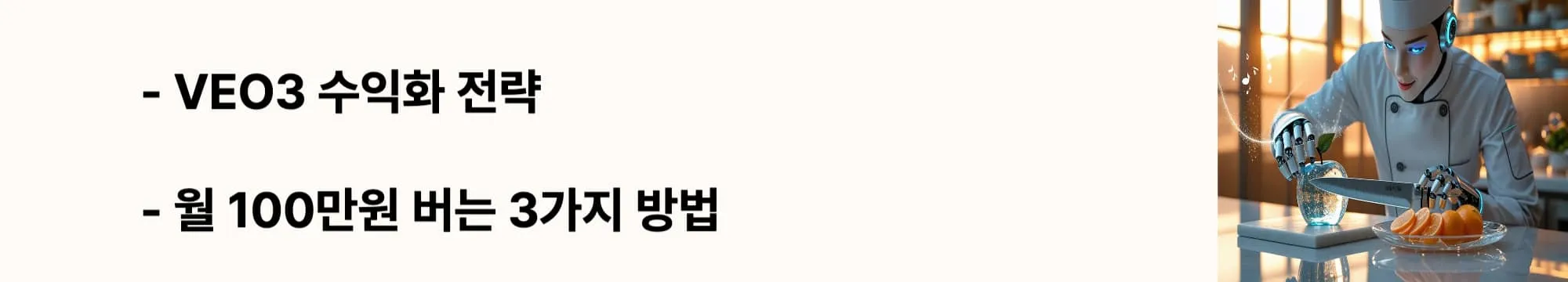 'VEO3 수익화 전략'과 '월 100만원 버는 3가지 방법'라는 문구가 포함된 웹배너 이미지. 이 이미지는 VEO3를 활용한 구체적인 수익 창출 방법과 월 수익 목표를 시각적으로 전달하며, 블로그의 AI 영상 비즈니스 전략과 관련된 내용을 설명함 (VEO3 monetization strategy business income methods)