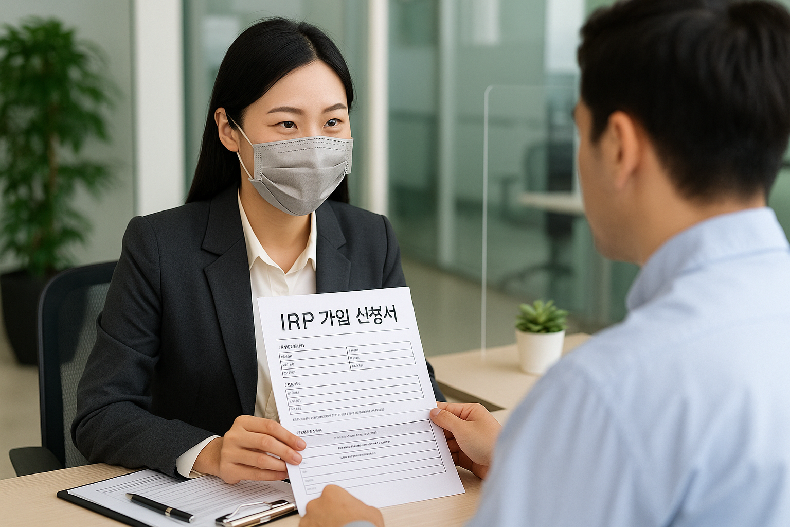 금융기관 창구에서 IRP 가입 상담을 받는 직장인의 모습