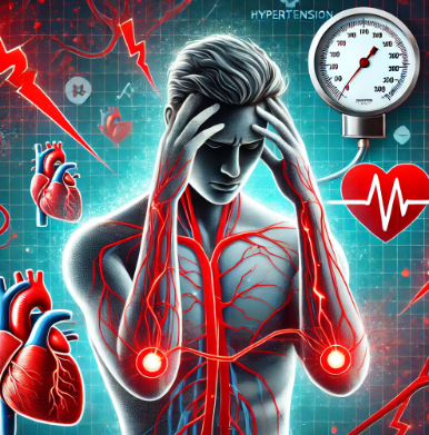 몸의 혈관이 보이는 남자가 고혈압의 어지러움을 호소하고 있는 사진