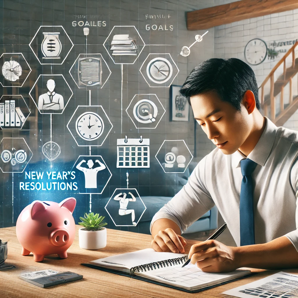 남성이 책상에서 새해 계획을 작성하는 이미지