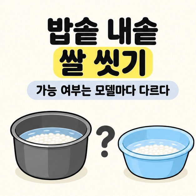 밥솥 내솥 쌀 씻기 제목 아래 쌀과 물이 담긴 회색 내솥과 파란 대야 사이에 물음표를 놓고 가능 여부는 모델마다 다르다고 안내한 이미지