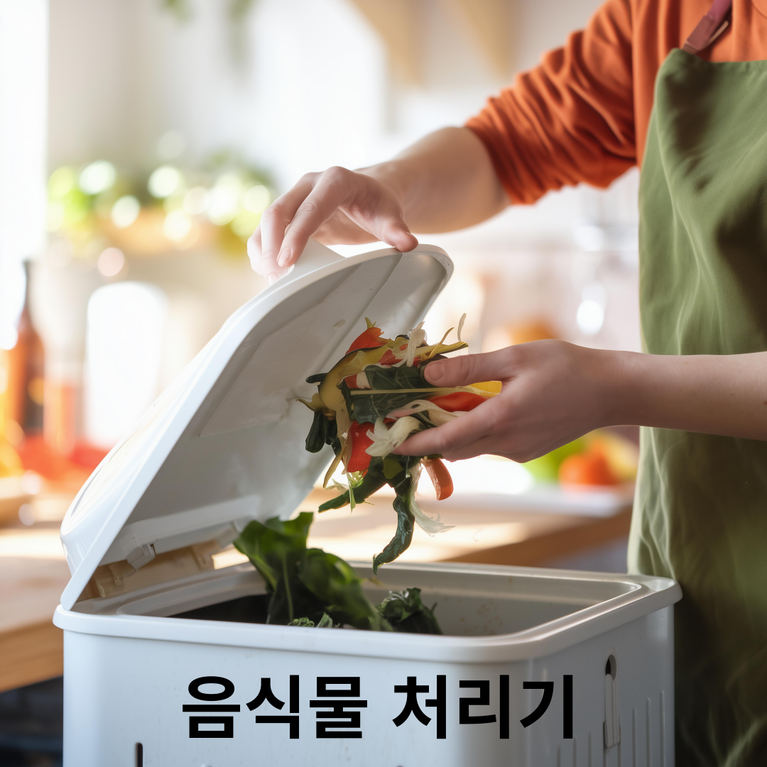 가정 내에서 음식물 쓰레기를 처리기에 넣는 장면으로 음식물 처리기 사용을 나타냄