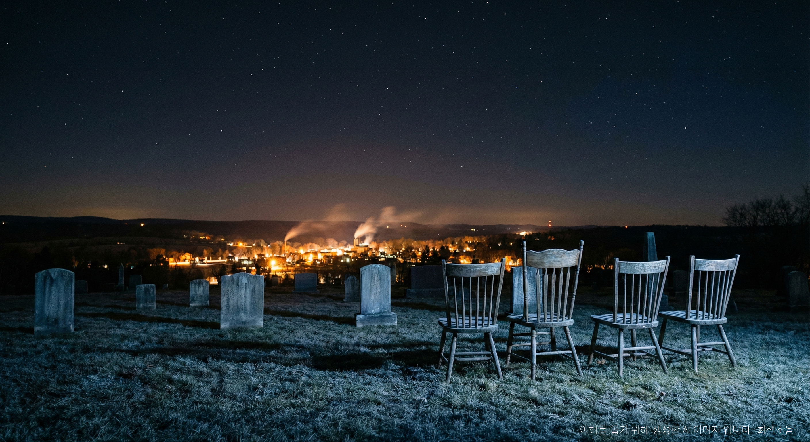 죽은 자들의 시선 : 얼어붙은 겨울 밤 언덕 묘지에서 차가운 달빛에 빈 나무 의자와 묘비가 비치고, 멀리 계곡 아래 마을의 따뜻한 불빛이 별빛 하늘과 대비되는 광활한 풍경 장면.