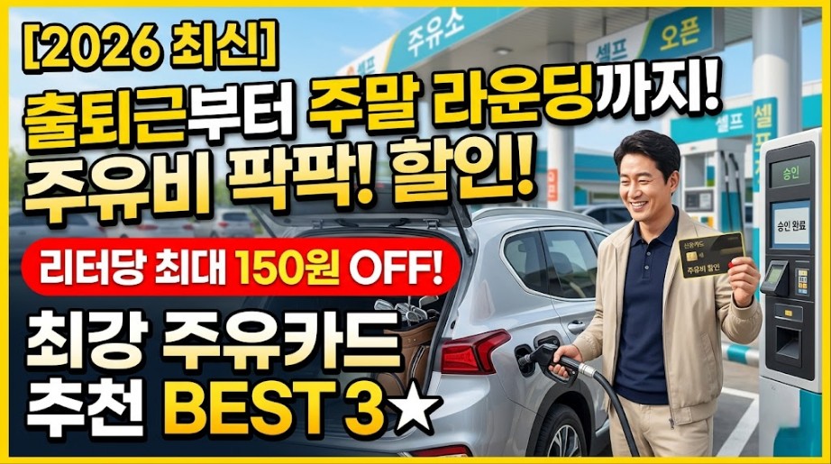 2026년 최신 주유할인 신용카드 추천 가이드 블로그 썸네일 이미지. 골프백이 실린 차량 트렁크를 열어둔 채 셀프 주유소에서 주유건을 들고 환하게 웃고 있는 남성의 모습 위로 '출퇴근부터 주말 라운딩까지! 주유비 팍팍! 할인!' 및 '리터당 최대 150원 OFF! 최강 주유카드 추천 BEST 3'라는 제목 문구가 적혀 있다.