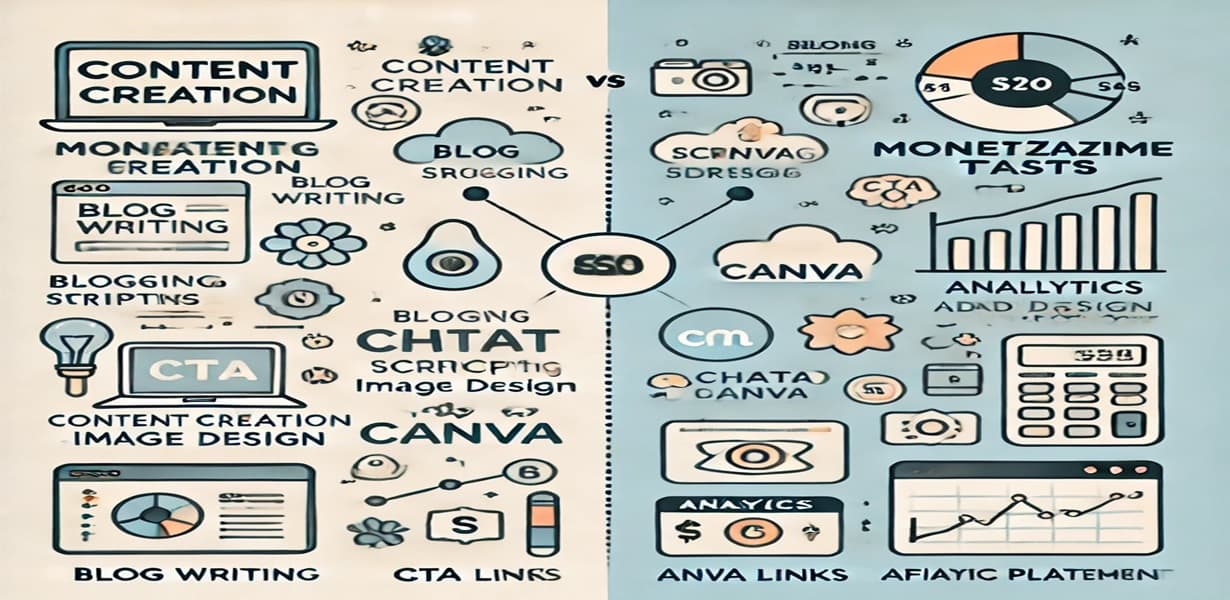 콘텐츠 업무 vs 수익화 업무 인포그래픽 – 블로그 글쓰기, 디자인 vs CTA, 애널리틱스, 수익화 전략 시각 비교