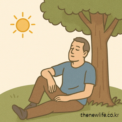 A middle-aged man is resting peacefully under the shade of a tree on a sunny day, avoiding direct sunlight. / 햇볕이 강한 날, 중년 남성이 열사병 예방을 위해 나무 그늘 아래에서 편안하게 앉아 쉬고 있는 모습/열사병과 일사병의 차이 설명 이미지