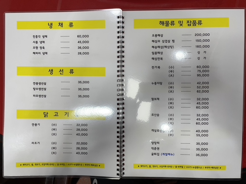 냉채류
진흥각 냉채, 사품 냉채, 오향 장육, 해파리 냉채
생선류
깐풍생선살, 탕수생선살, 라조생선살
닭고기
깐풍기, 라조기
해물류 및 잡품류
오룡해삼, 해삼과 삼겹살 찜, 해송해삼, 일품해삼, 해삼전복, 전가복, 누룽지탕, 팔보채, 류산슬, 게살류산를, 양장피, 작춘권, 굴튀김