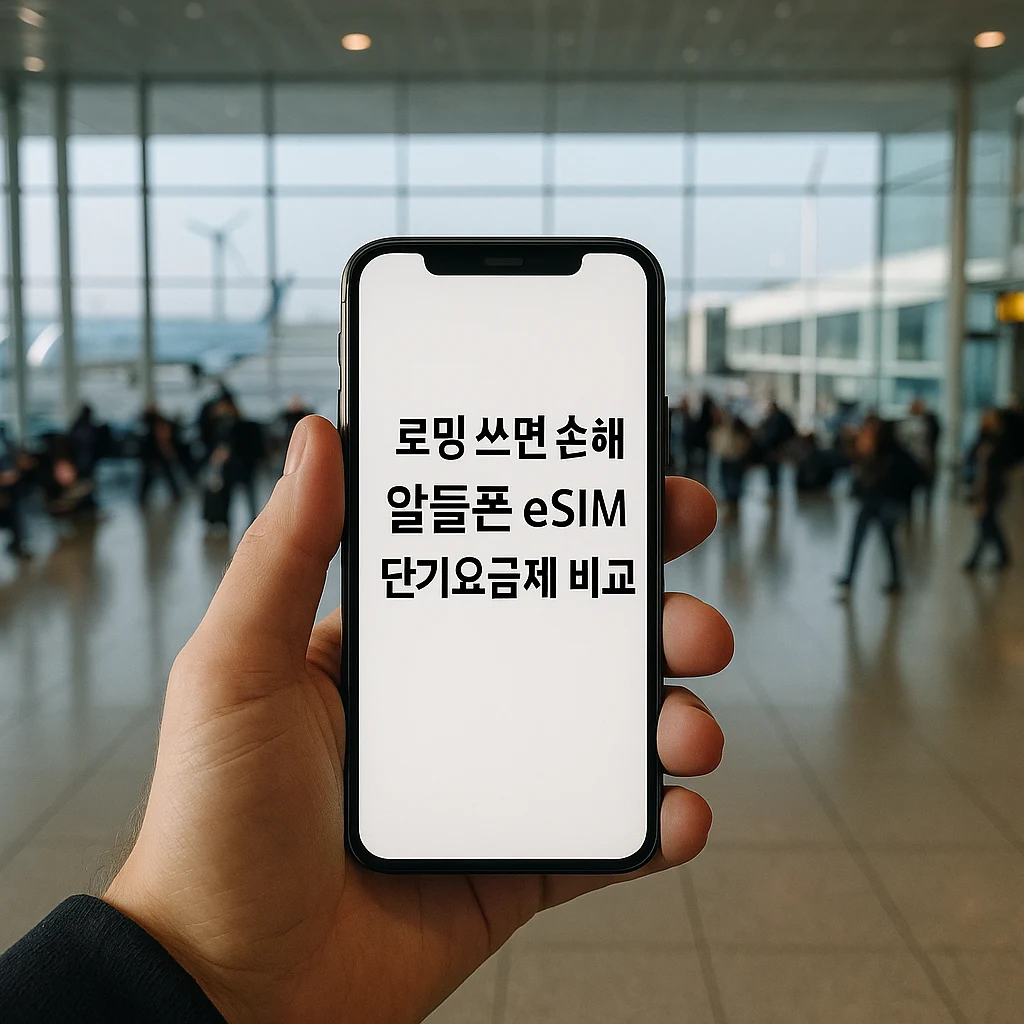 공항에서 스마트폰을 들고 로밍 대신 알뜰폰 eSIM 단기요금제를 확인