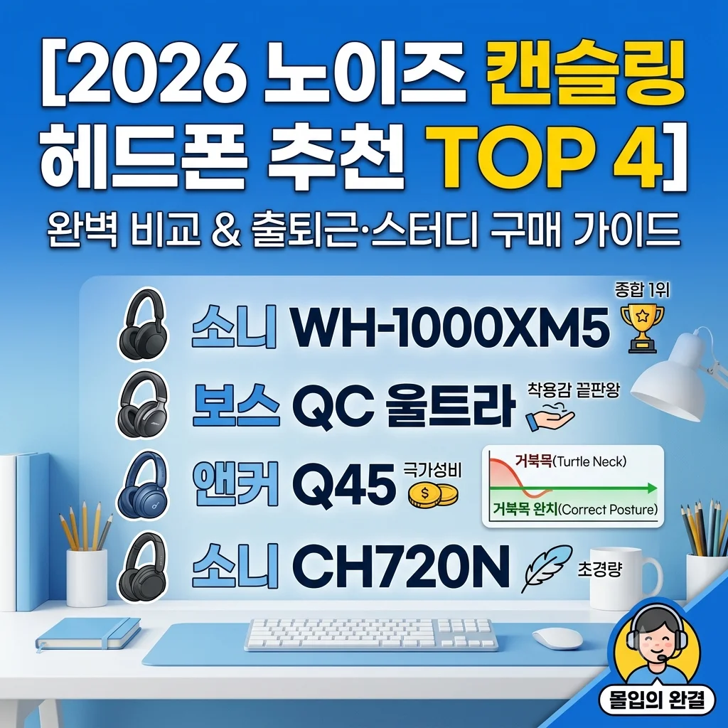 2026 무선 노이즈 캔슬링 헤드폰 추천 TOP 4 소니 WH-1000XM5 보스 QC 울트라 앤커 Q45 CH720N 비교 출퇴근 스터디 가이드