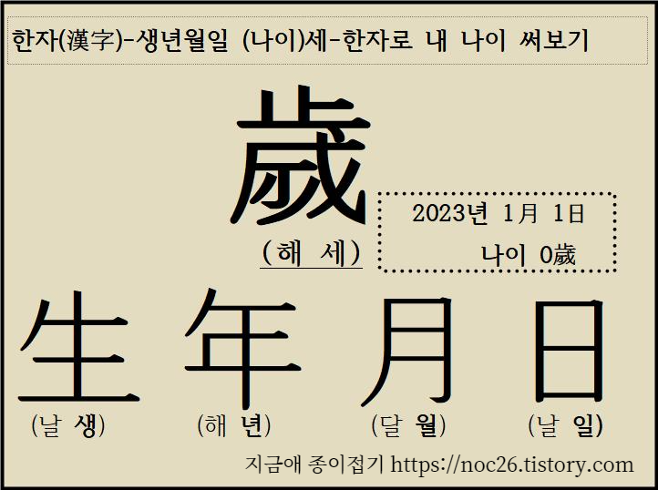 생년월일과 나이를 적는 한자를 적어 표로 만들어 보았습니다.
