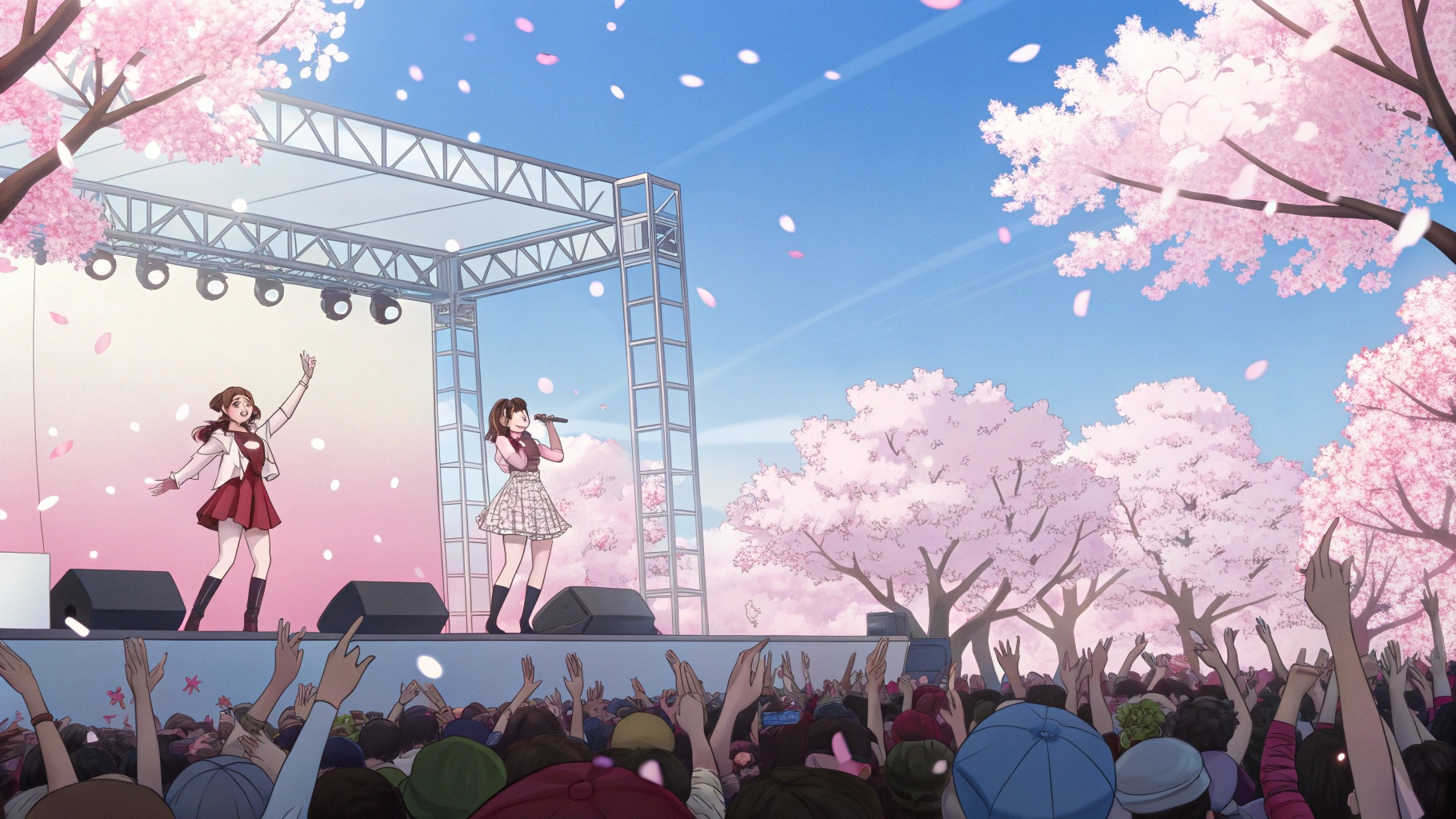 애니메이션 효과 무대에서 여자 아이돌 노래 하는 모습