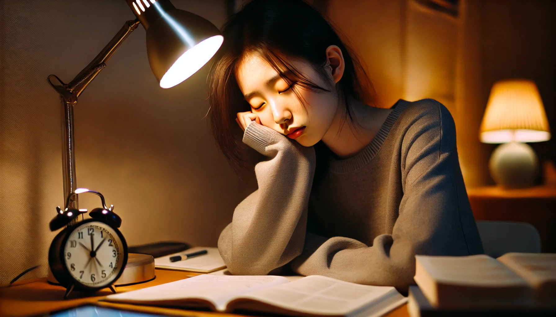 한 여학생이 밤에 집에서 늦은시간까지 공부하면서 졸고 있는 이미지