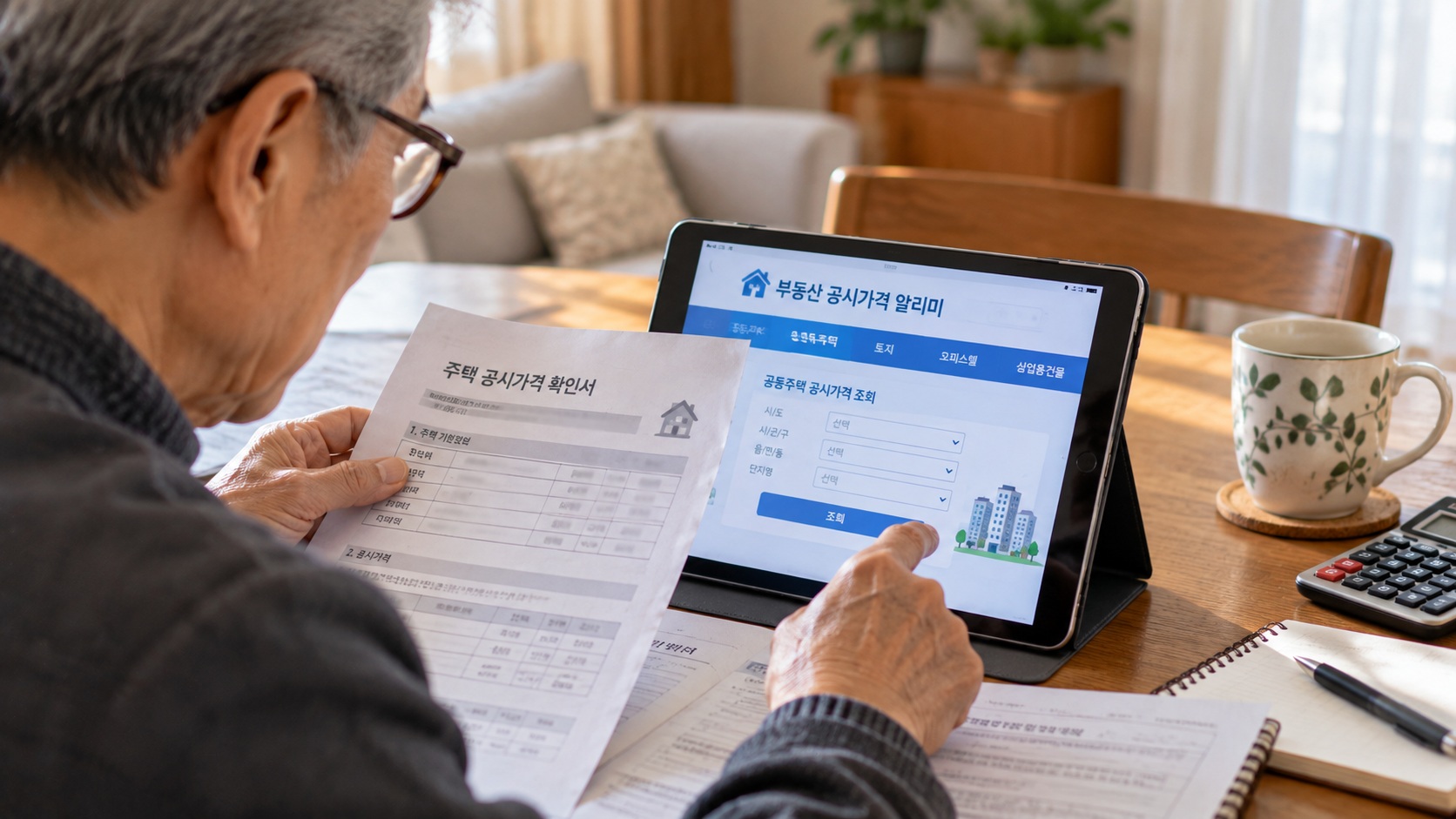 안경을 쓴 어르신이 태블릿의 부동산 공시가격 알리미 화면과 주택 공시가격 확인서를 살펴보는 모습