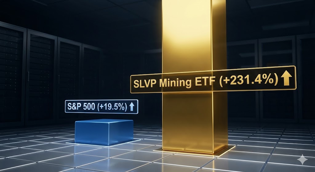 S&amp;P500 지수(19%)와 SLVP ETF(231%)의 수익률 막대그래프를 비교한 이미지. 채굴주 쪽 막대가 압도적으로 높게 솟아 있어 시각적 충격을 주는 인포그래픽]